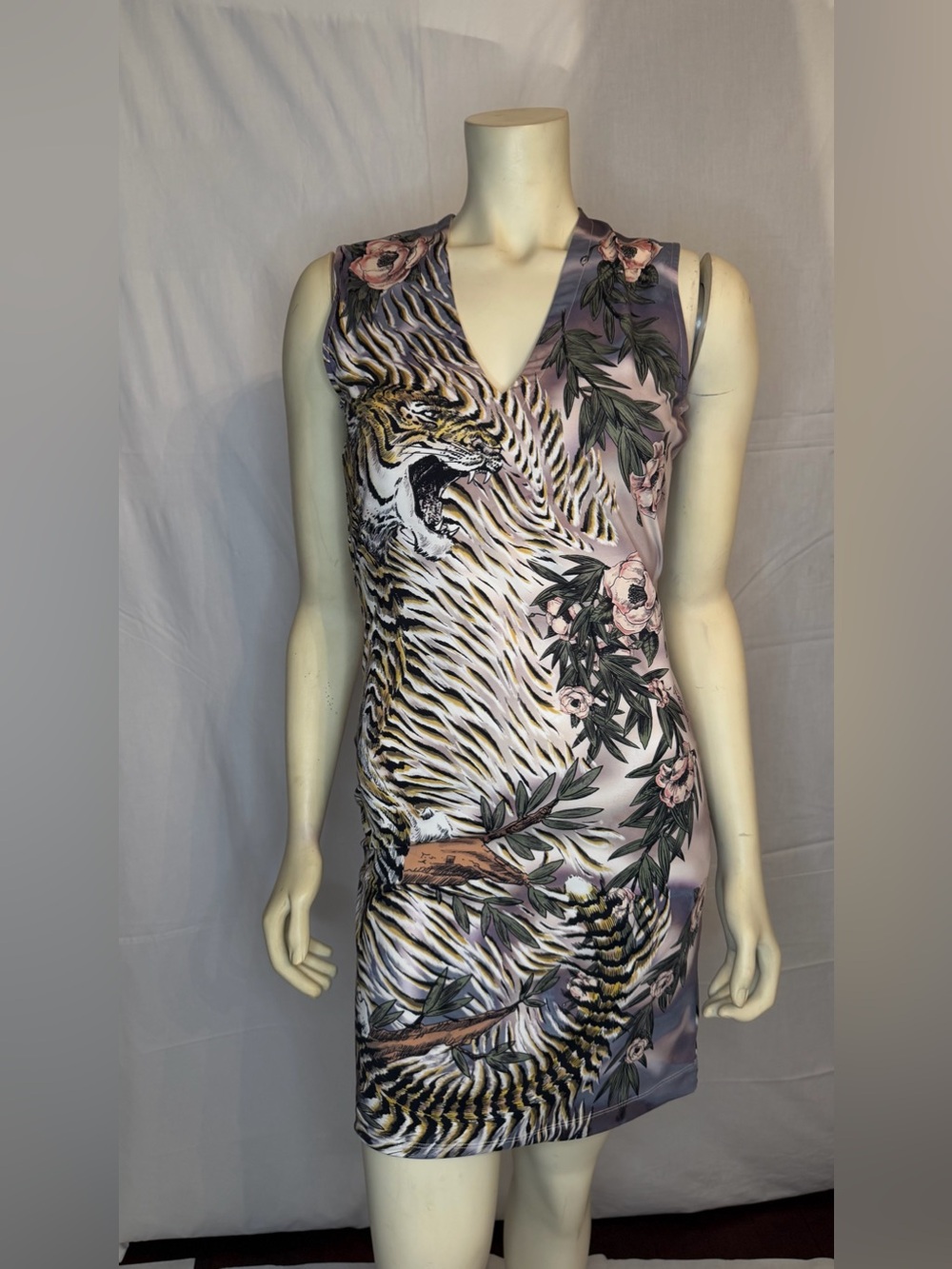 Just Cavalli Pink, Black & Green Tiger Print Sleeveless Dress